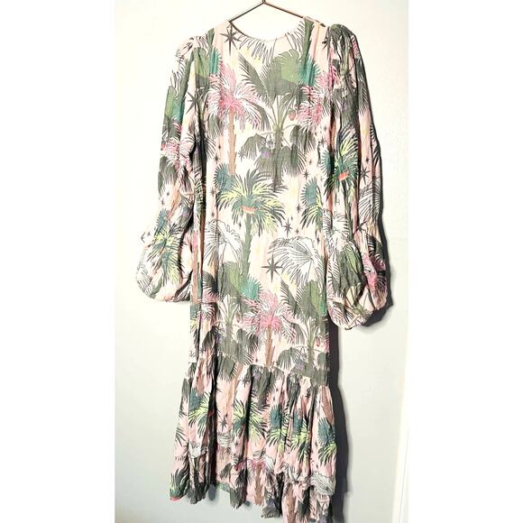 LoboRosa Pink Floral Puff Sleeve Palms Button Front Up Dress Size Large - Picture 4 of 16